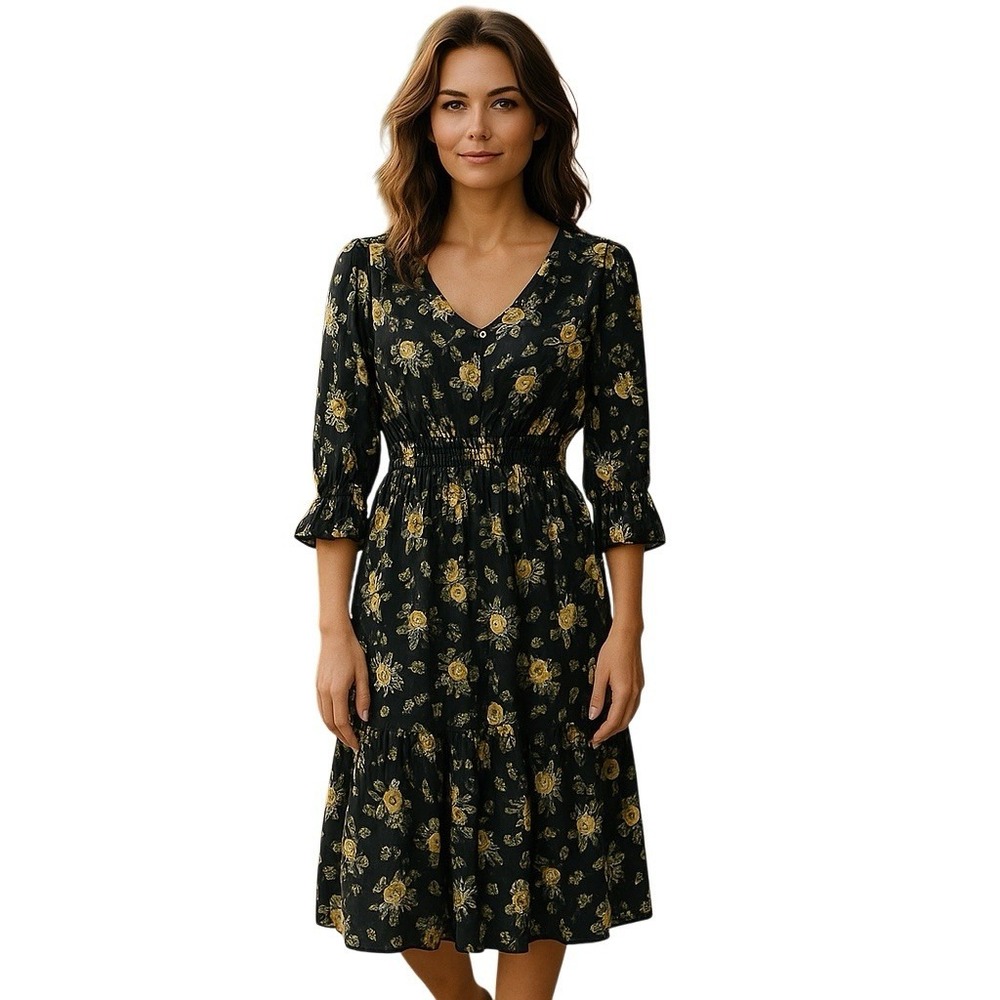 Ember Dress Womens Medium Babydoll Y2K Floral Black & Yellow Sheer Lined